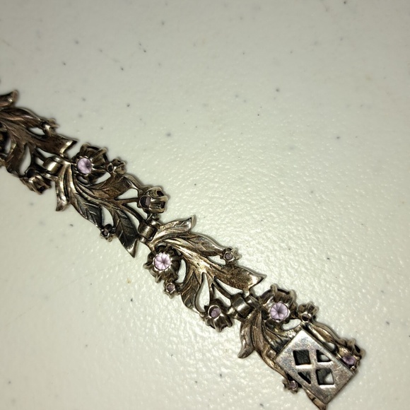 Beautiful Vintage Sterling Silver Amethyst Marcasite Flower Leaf Bracelet - Picture 7 of 12